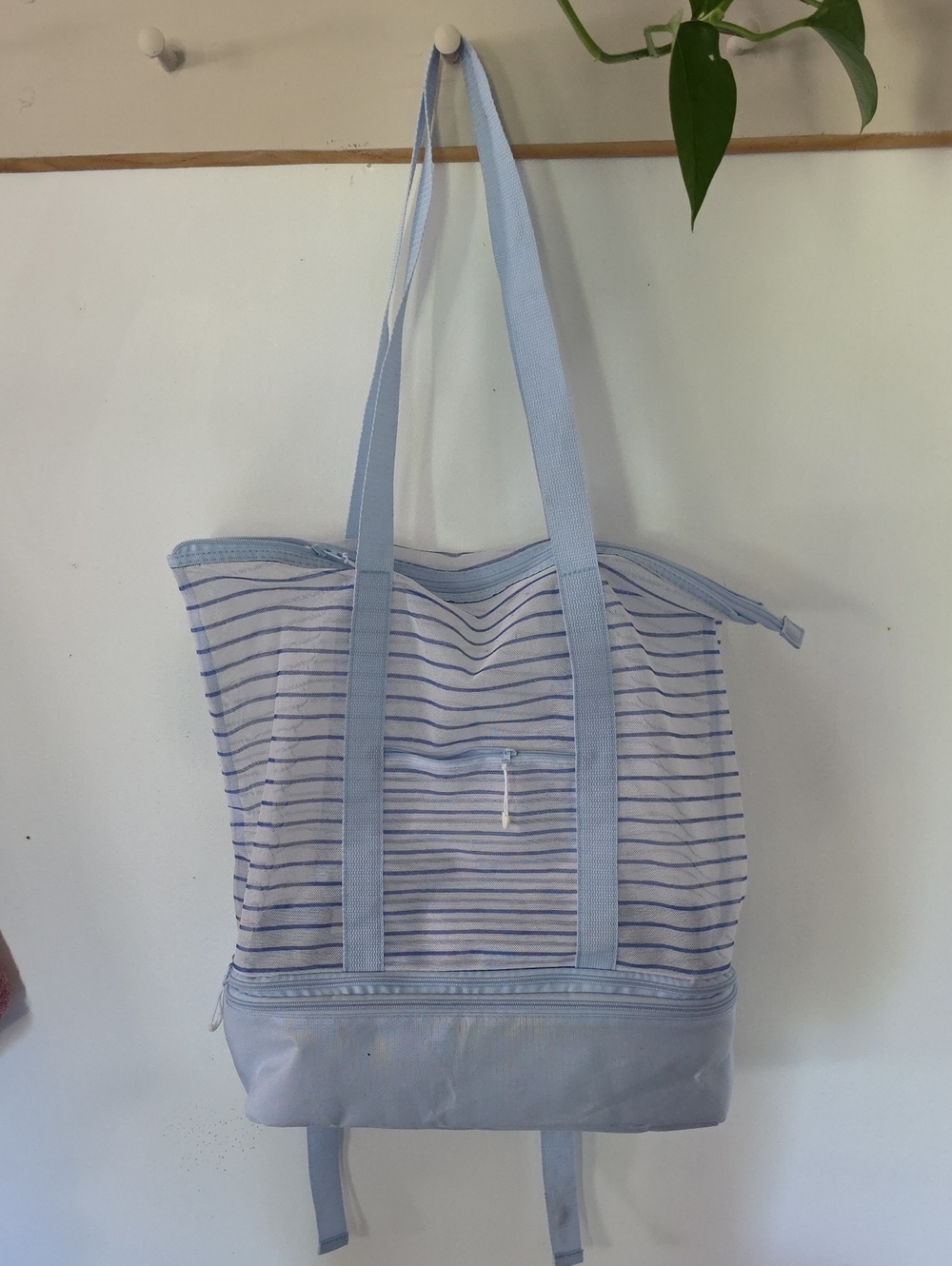 Light Blue Striped Women's Tote with Bottom Compartment